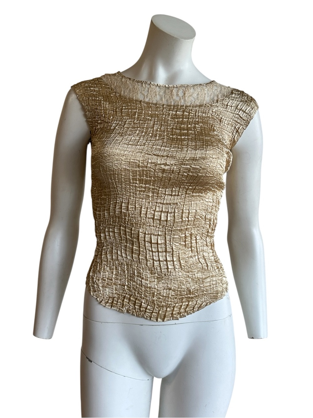 Vintage Y2K 90s crinkle textured champagne top lace trim small euro